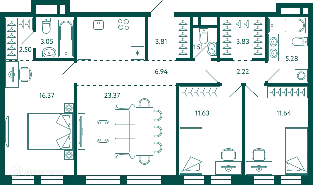Планировка 3-комнатной квартиры 92.15 м² в ЖК Terle park (Терле Парк), г. Уфа — фото 1