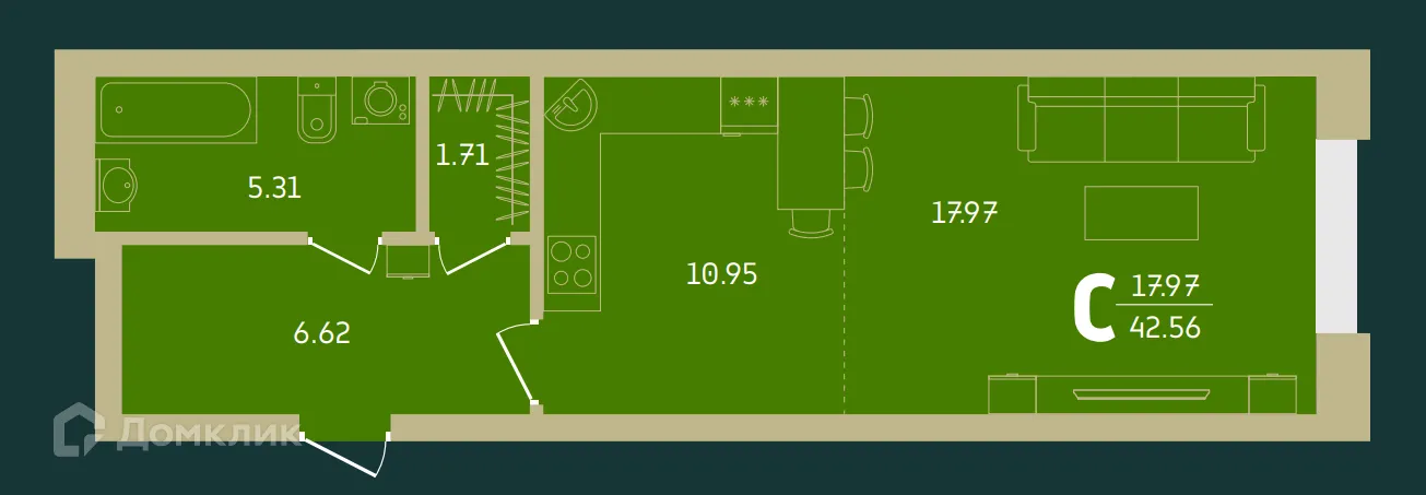 Планировка студии квартиры 42.56 м² в Централ парк, г. Уфа — фото 1