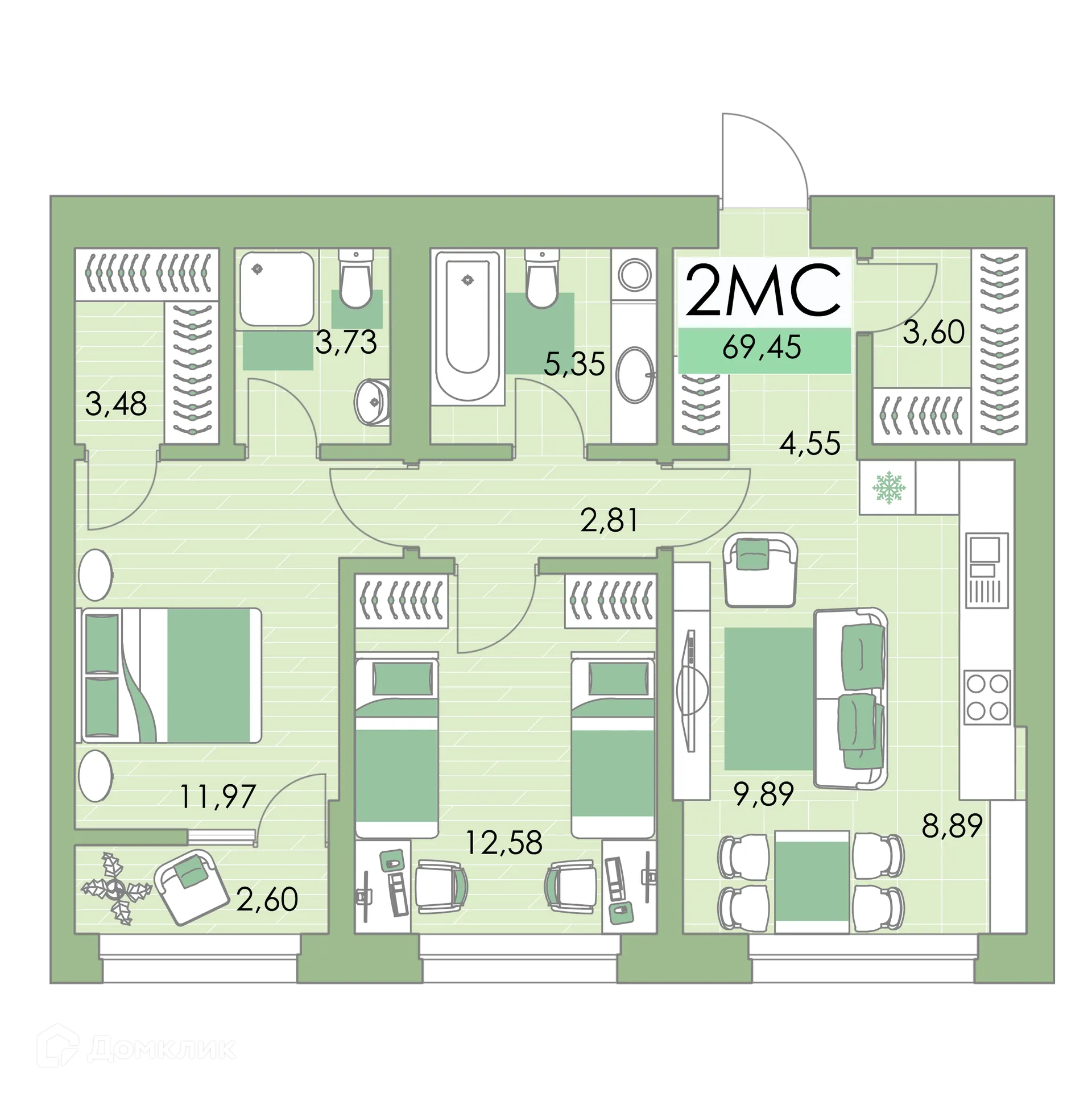 Планировка 2-комнатной квартиры 69 м² в ЖК Квартал Самоцветы, г. Уфа — фото 1