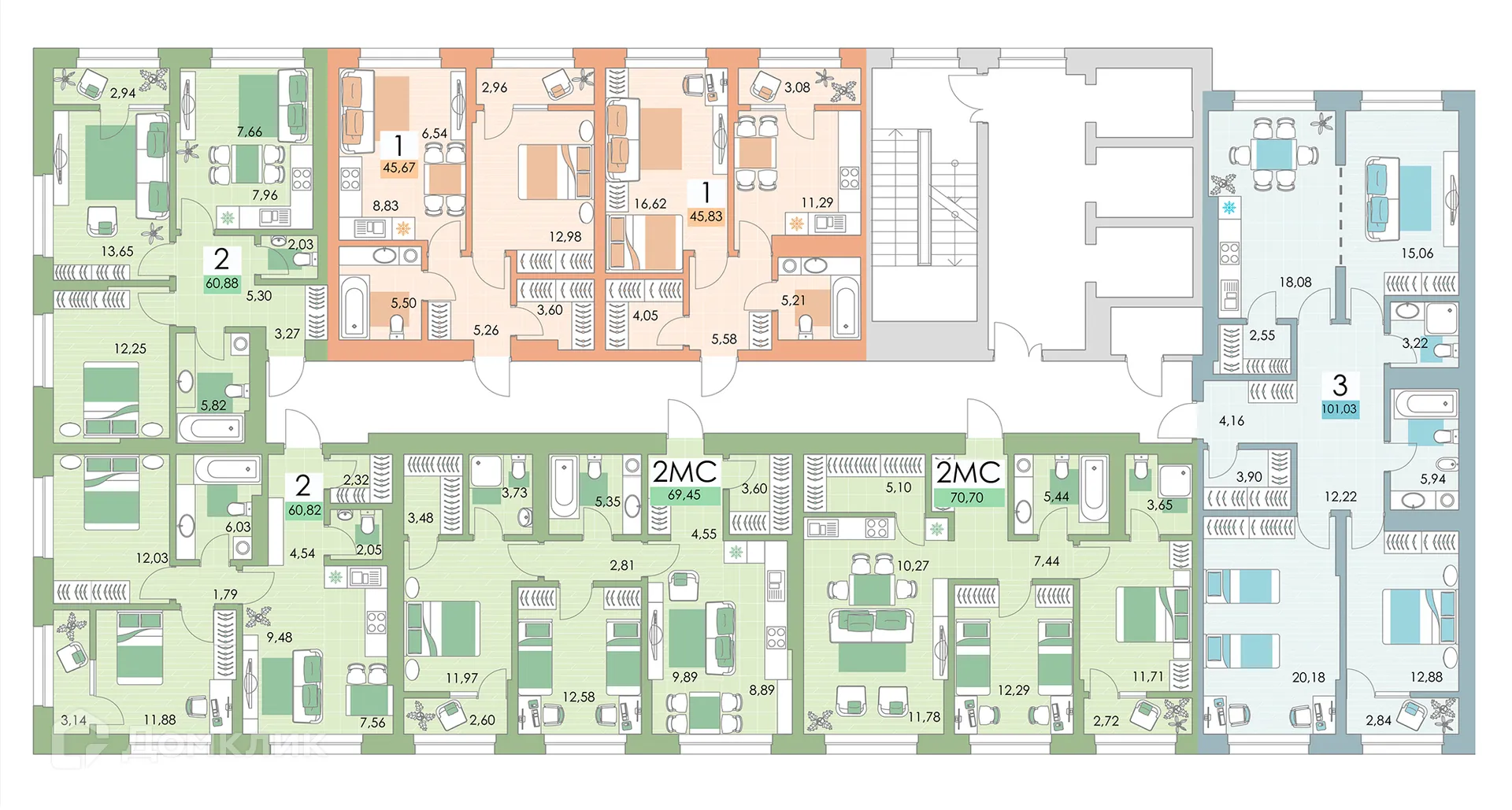 Планировка 2-комнатной квартиры 69 м² в ЖК Квартал Самоцветы, г. Уфа — фото 7