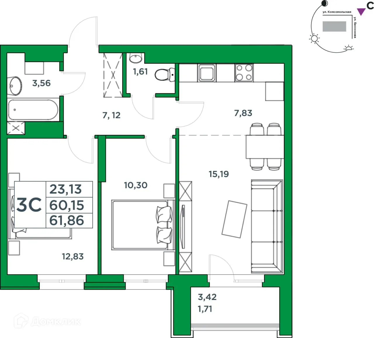 Планировка 2-комнатной квартиры 60.15 м² в ЖК Сапфир, г. Уфа — фото 1