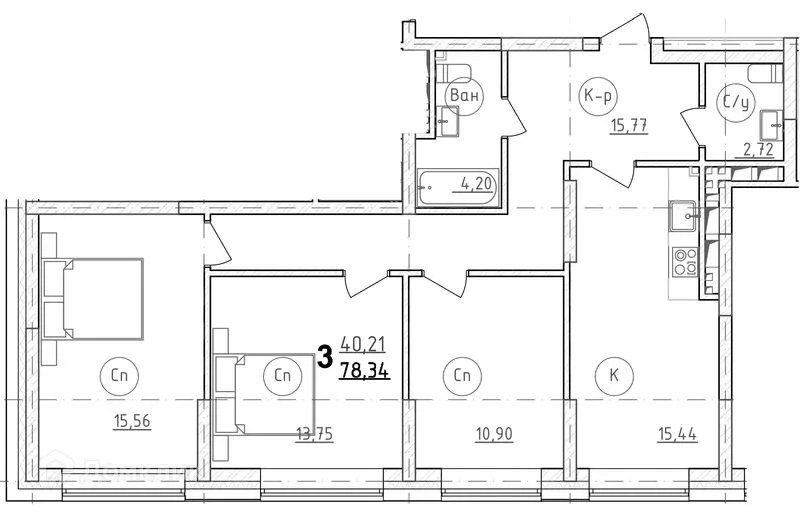 Планировка 3-комнатной квартиры 78.8 м² в ЖК Grand Family ( ЖК Гранд Фемели), г. Уфа — фото 1