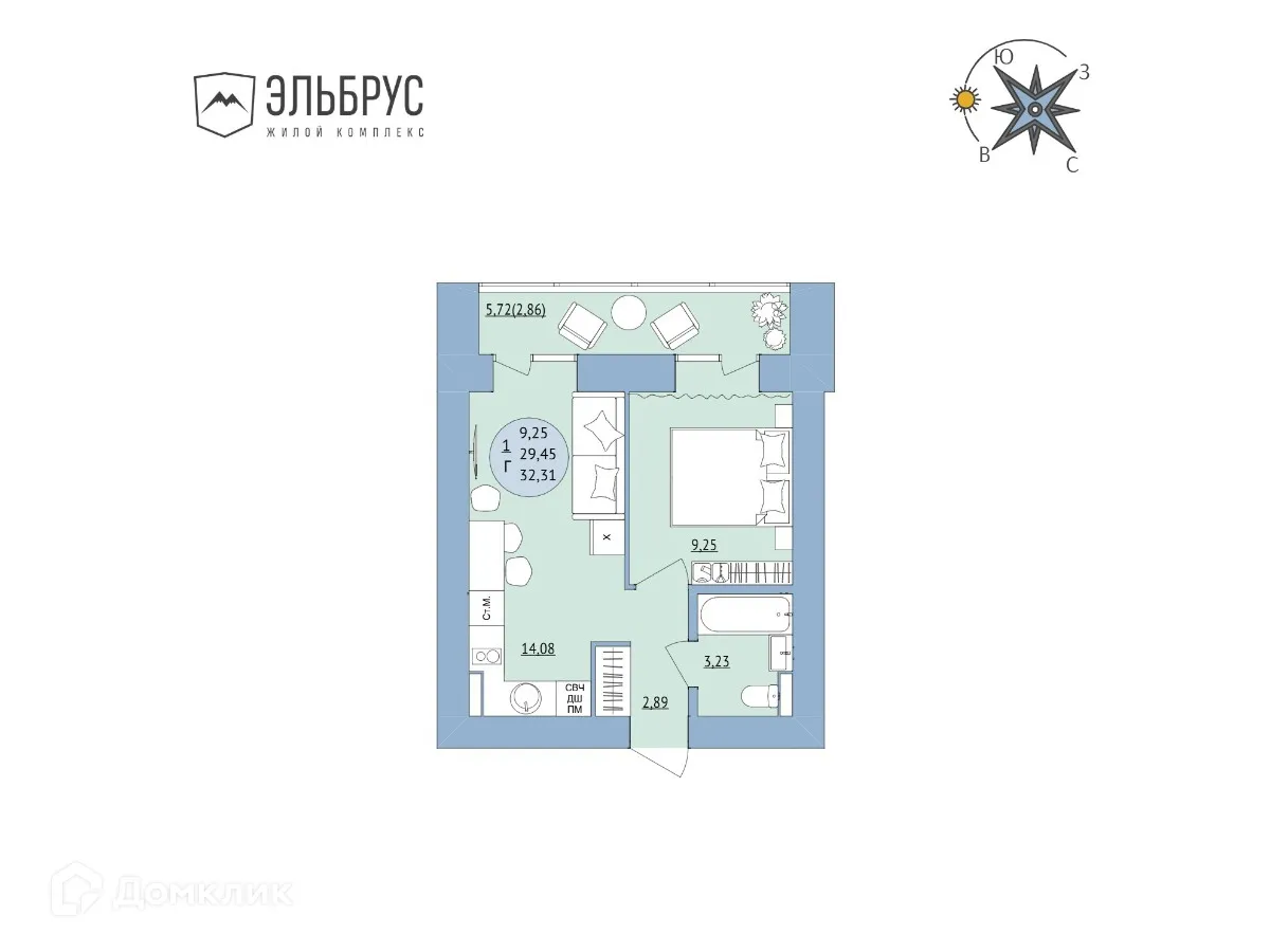 Планировка 1-комнатной квартиры 32.31 м² в ЖК Эльбрус, г. Уфа — фото 1