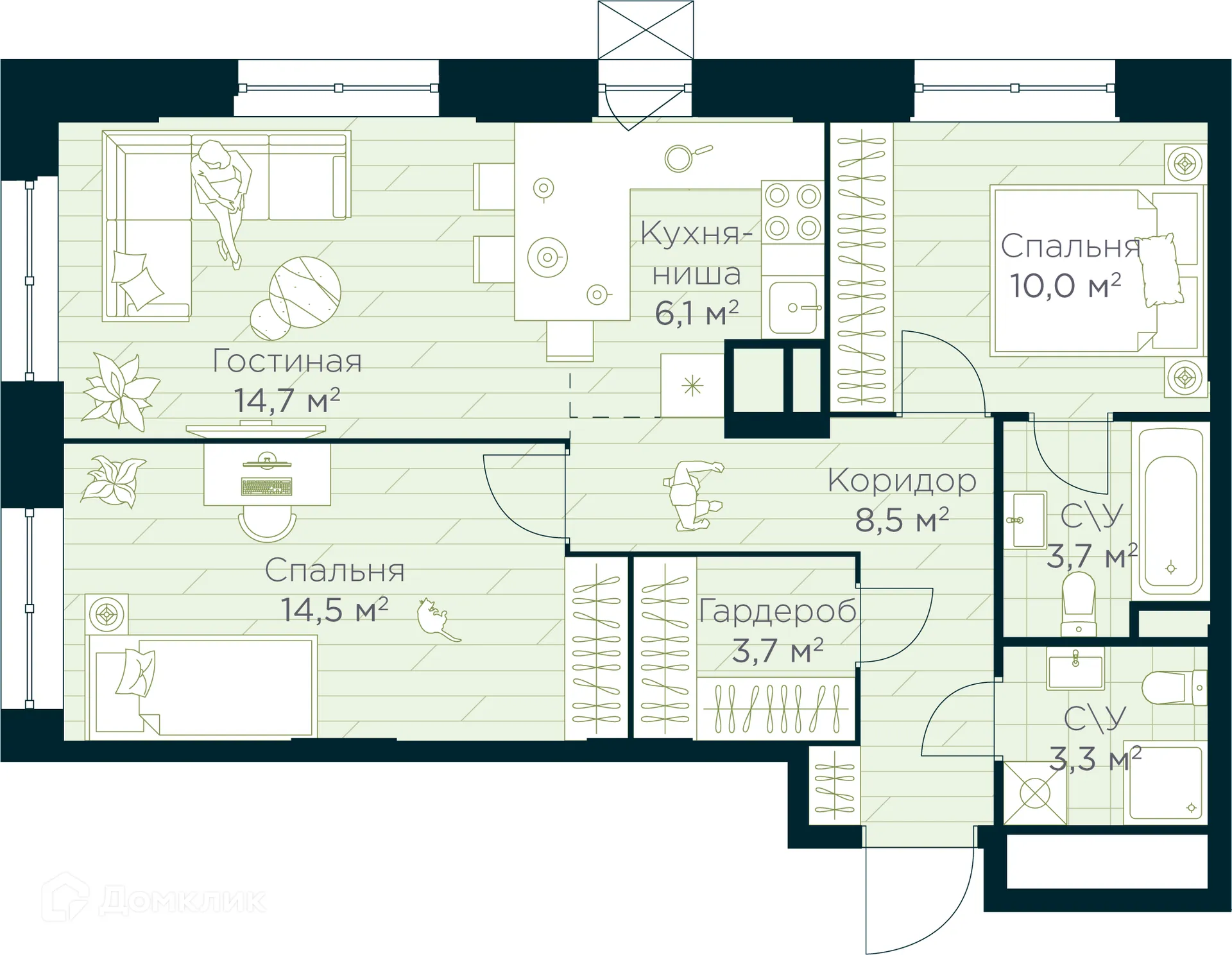 Планировка 3-комнатной квартиры 64.5 м² в ЖК URMAN Сity (Урман Сити), г. Уфа — фото 1
