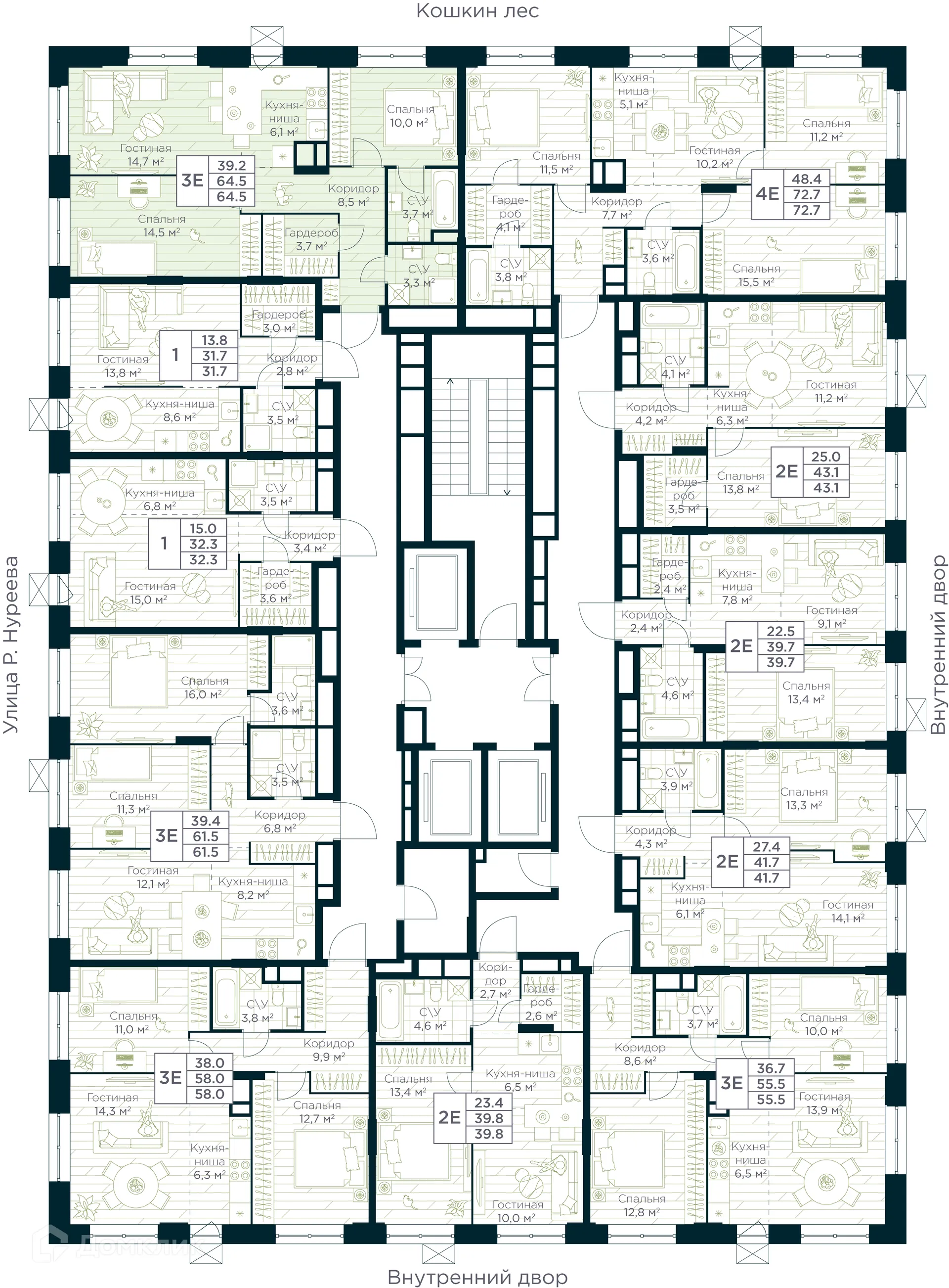 Планировка 3-комнатной квартиры 64.5 м² в ЖК URMAN Сity (Урман Сити), г. Уфа — фото 2