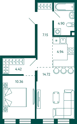 Планировка 1-комнатной квартиры 46.49 м² в ЖК Terle park (Терле Парк), г. Уфа — фото 1