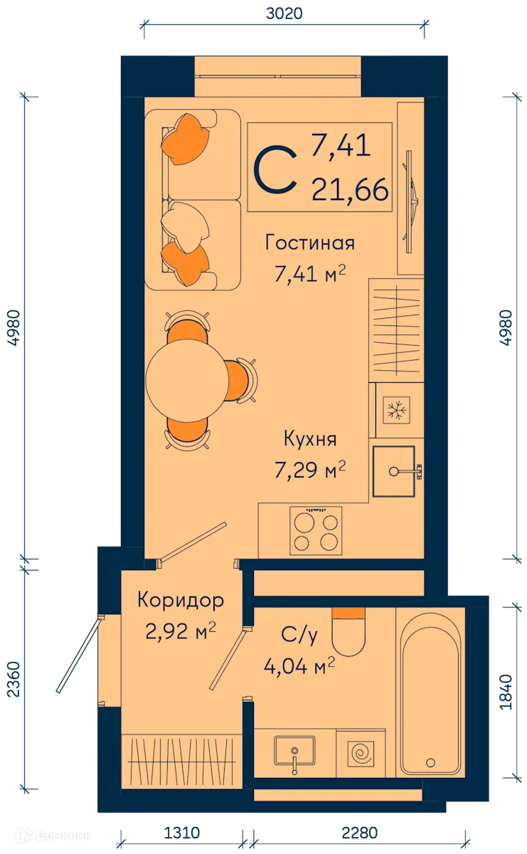 Планировка студии квартиры 21.66 м² в ЖК РИВЕР, г. Уфа — фото 1