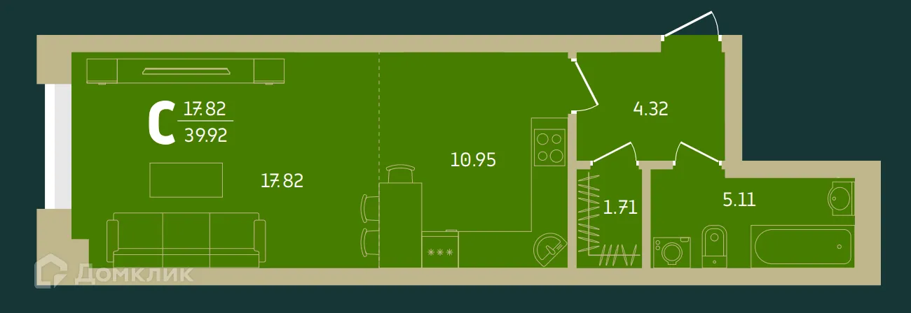 Планировка студии квартиры 39.92 м² в Централ парк, г. Уфа — фото 1