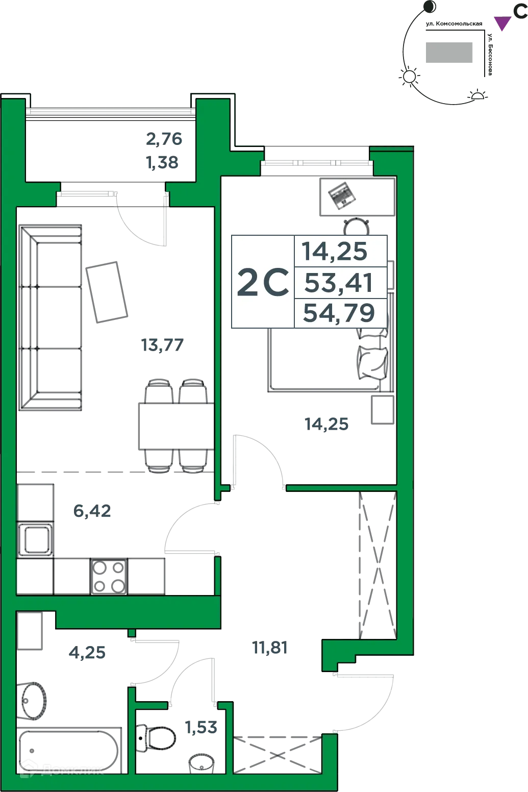 Планировка 1-комнатной квартиры 53.41 м² в ЖК Сапфир, г. Уфа — фото 1