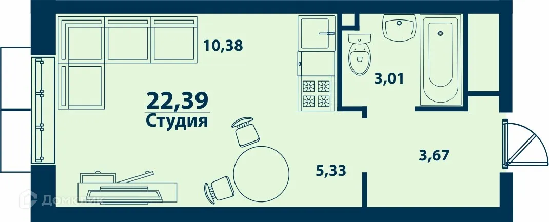 Планировка 1-комнатной квартиры 22.39 м² в ЖК Город Природы, г. Уфа — фото 1