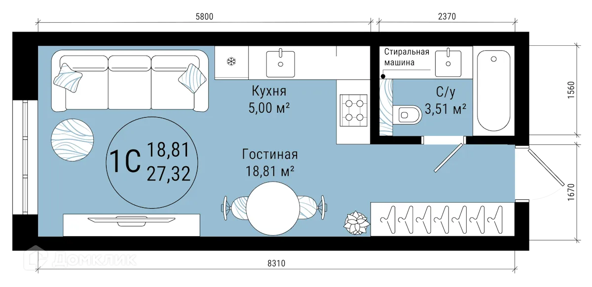Планировка 1-комнатной квартиры 27.32 м² в ЖК VETER (Ветер), г. Уфа — фото 1