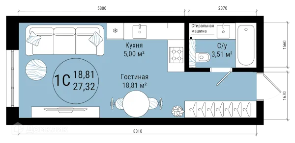 Планировка 1 комн. в ЖК VETER (Ветер)