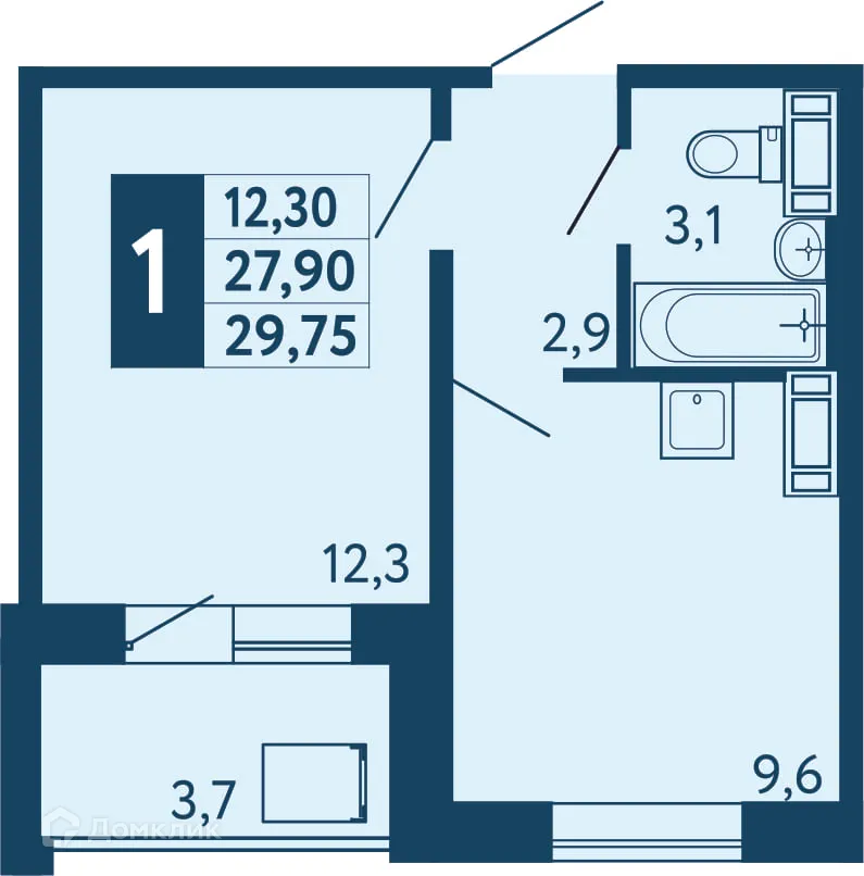 Планировка 1-комнатной квартиры 29.75 м² в ЖК "Новая Дема", г. Уфа — фото 1