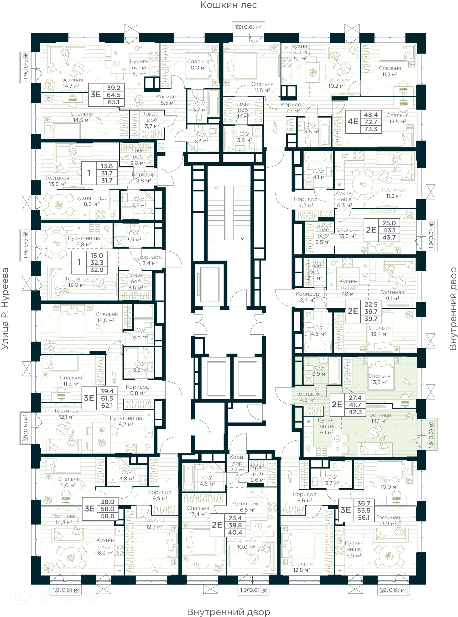 Планировка 2-комнатной квартиры 42.3 м² в ЖК URMAN Сity (Урман Сити), г. Уфа — фото 2