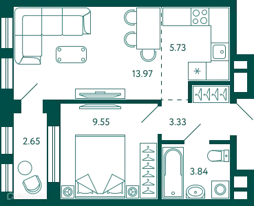 Планировка 1-комнатной квартиры 37.74 м² в ЖК Terle park (Терле Парк), г. Уфа — фото 1