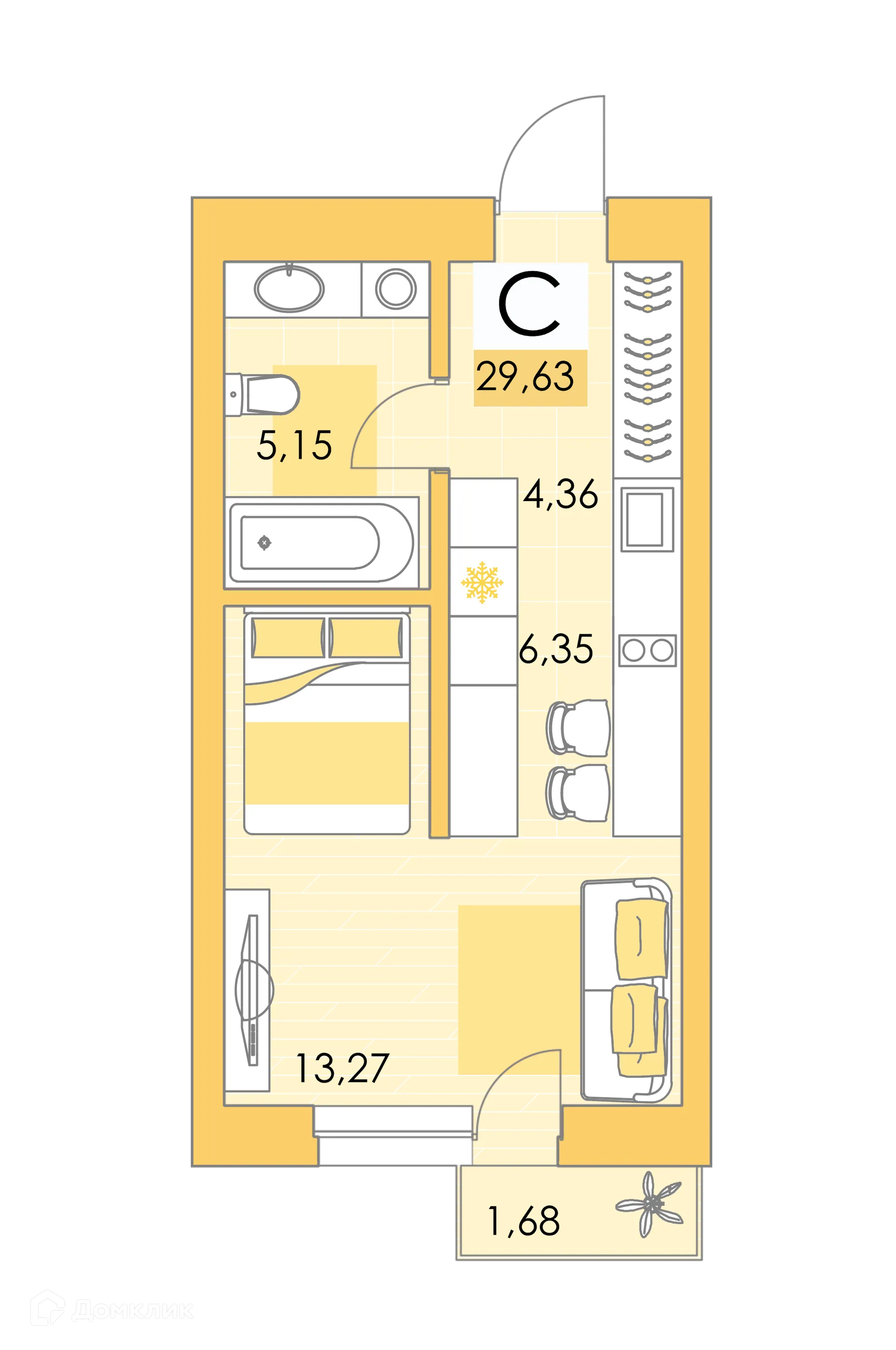 Планировка студии квартиры 29.4 м² в ЖК Квартал Самоцветы, г. Уфа — фото 1