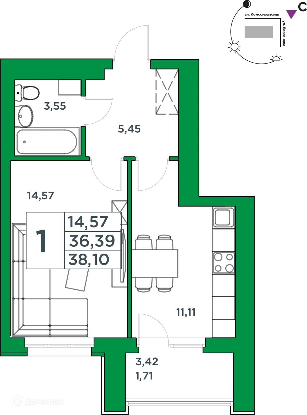 Планировка 1-комнатной квартиры 36.39 м² в ЖК Сапфир, г. Уфа — фото 1