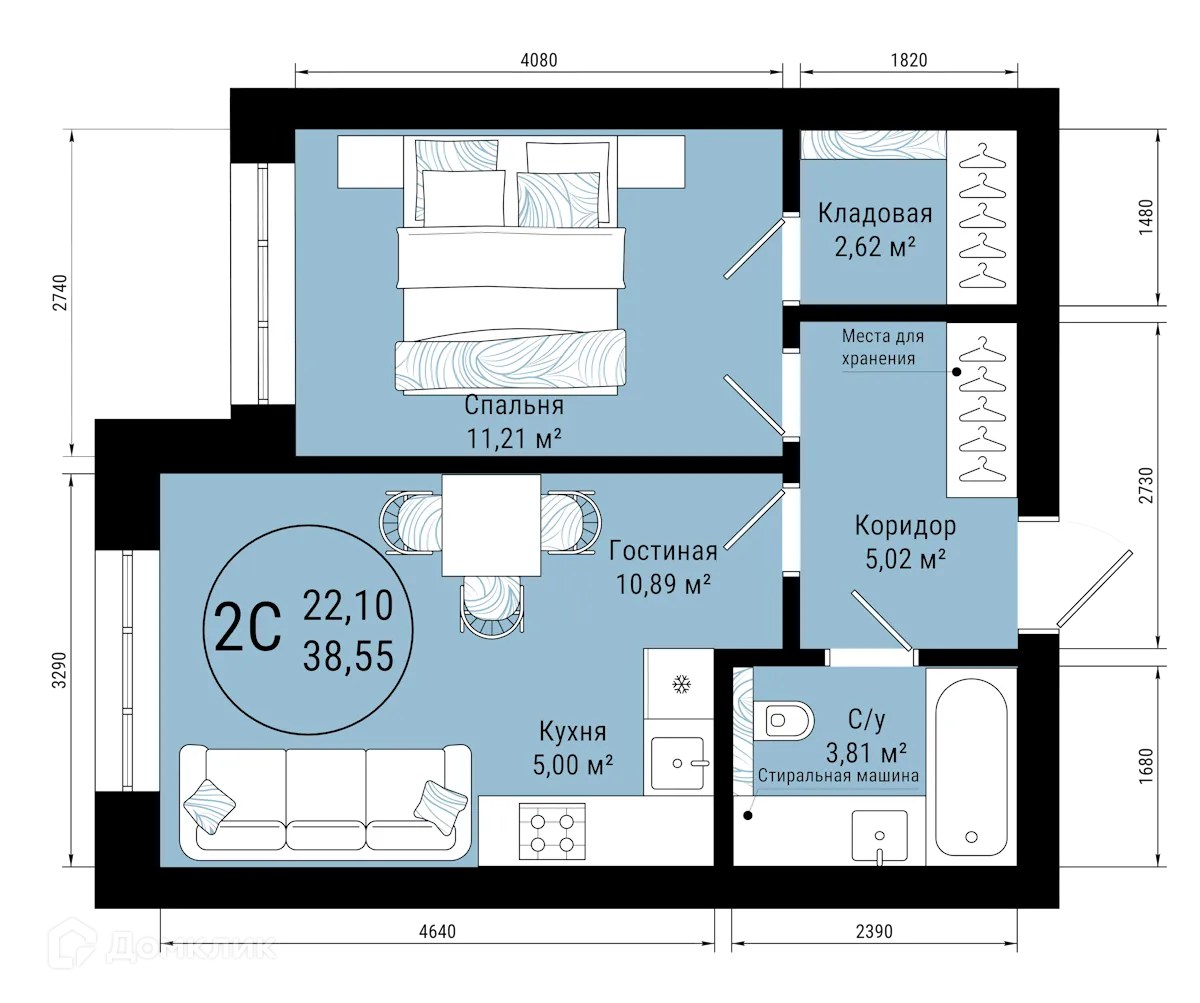 Планировка 2-комнатной квартиры 38.55 м² в ЖК VETER (Ветер), г. Уфа — фото 1