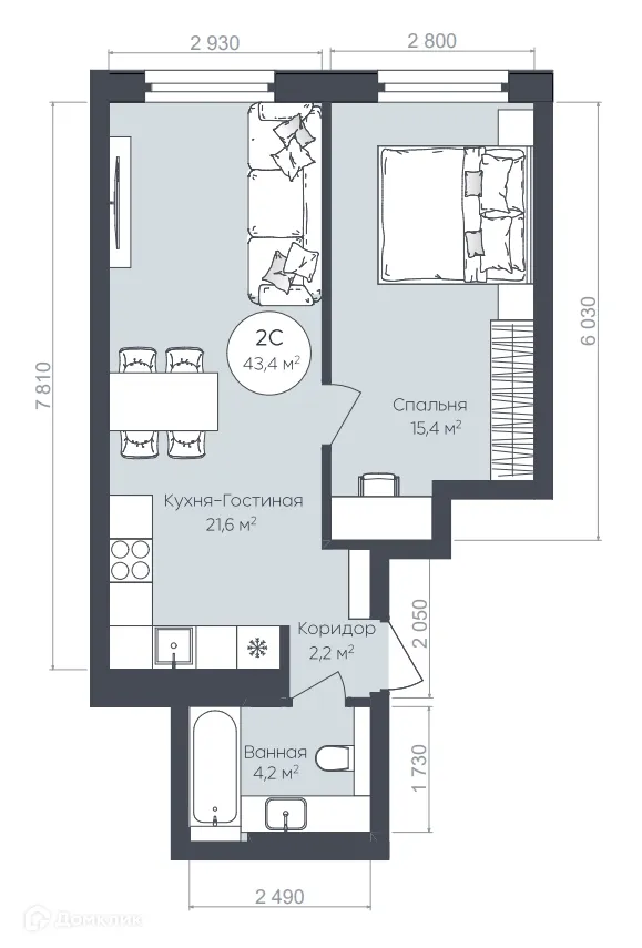 Планировка 2-комнатной квартиры 43.4 м² в ЖК "Le CRISTAL" (Ле Кристал), г. Уфа — фото 1