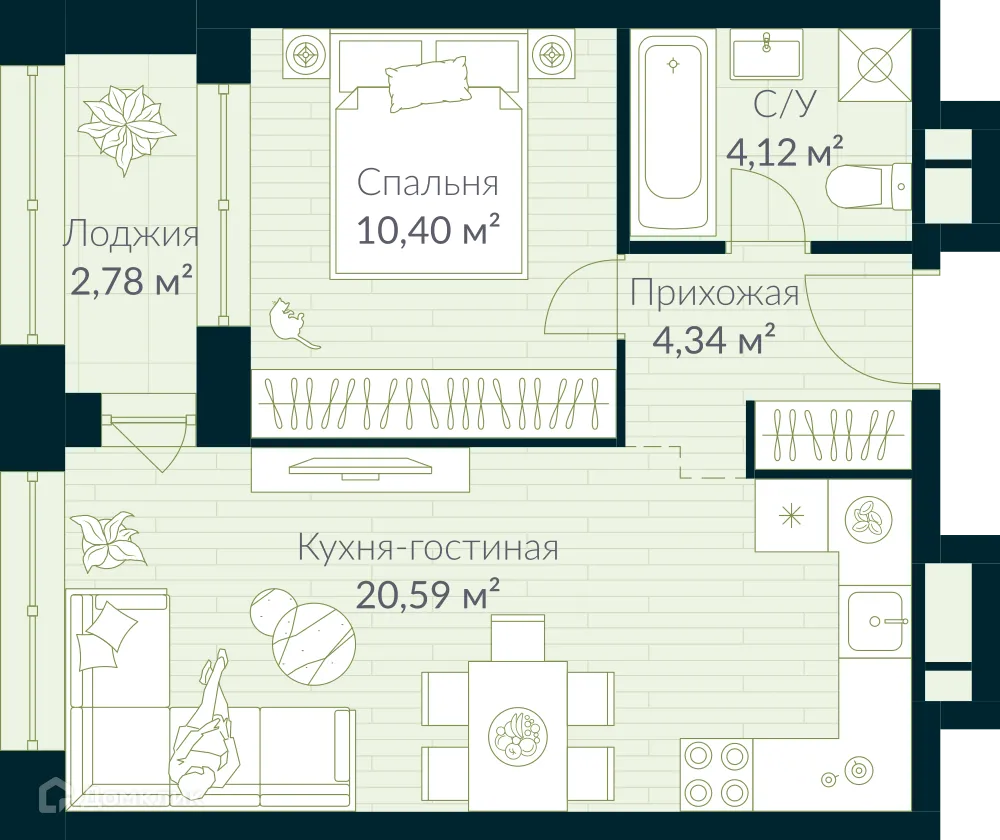 Планировка 1-комнатной квартиры 40.84 м² в ЖК URMAN Сity (Урман Сити), г. Уфа — фото 1