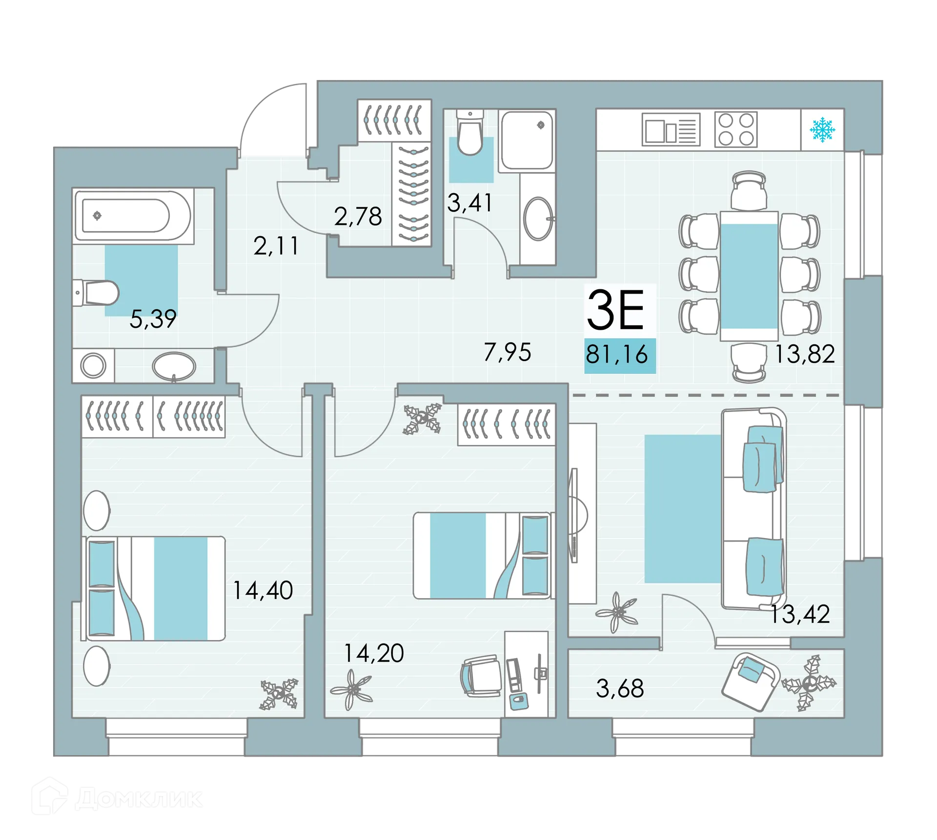 Планировка 3-комнатной квартиры 80.8 м² в ЖК Квартал Самоцветы, г. Уфа — фото 1