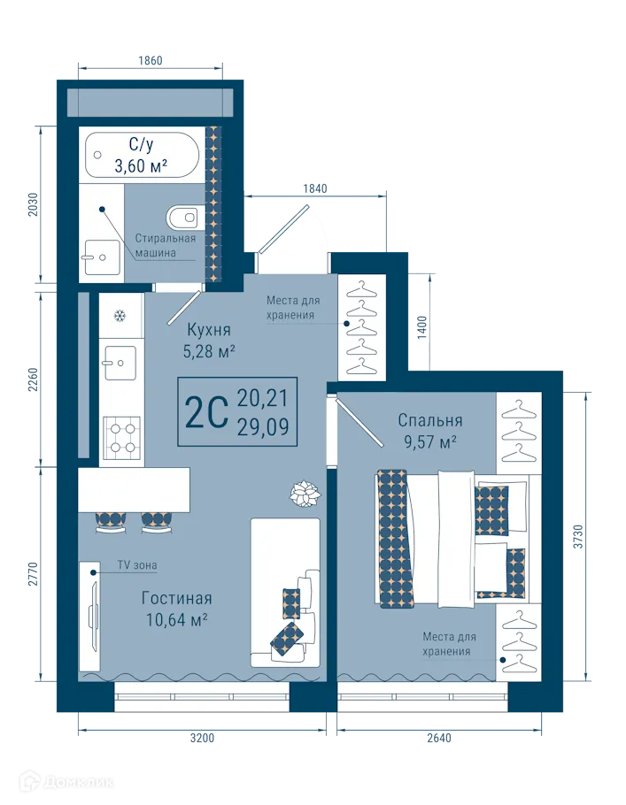 Планировка 2-комнатной квартиры 29.09 м² в ЖК THE SKY (СКАЙ), г. Уфа — фото 1