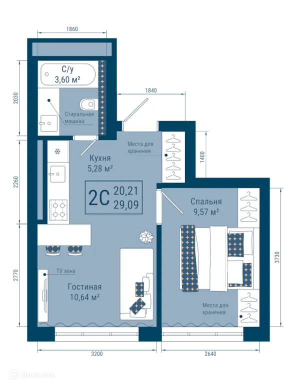 Планировка 2 комн. в ЖК THE SKY (СКАЙ)