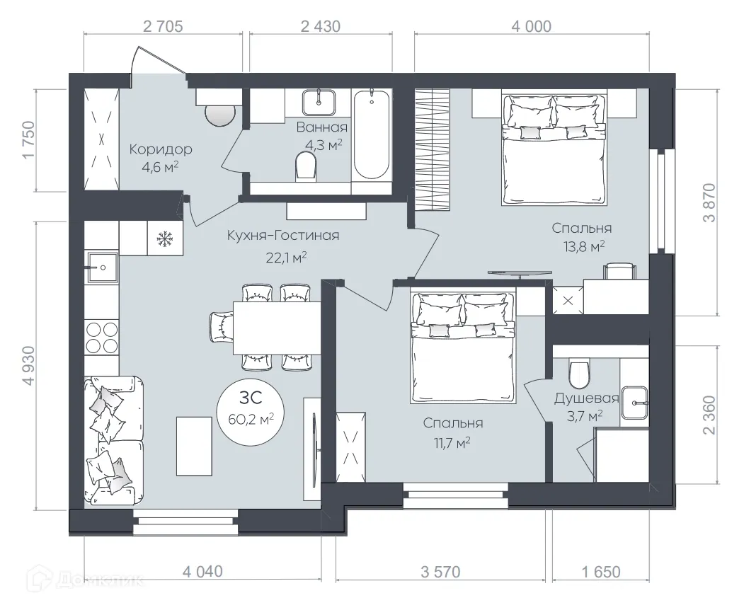 Планировка 3-комнатной квартиры 60.2 м² в ЖК "Le CRISTAL" (Ле Кристал), г. Уфа — фото 1