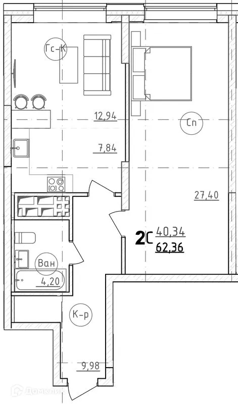 Планировка 2-комнатной квартиры 62.6 м² в ЖК Grand Family ( ЖК Гранд Фемели), г. Уфа — фото 1