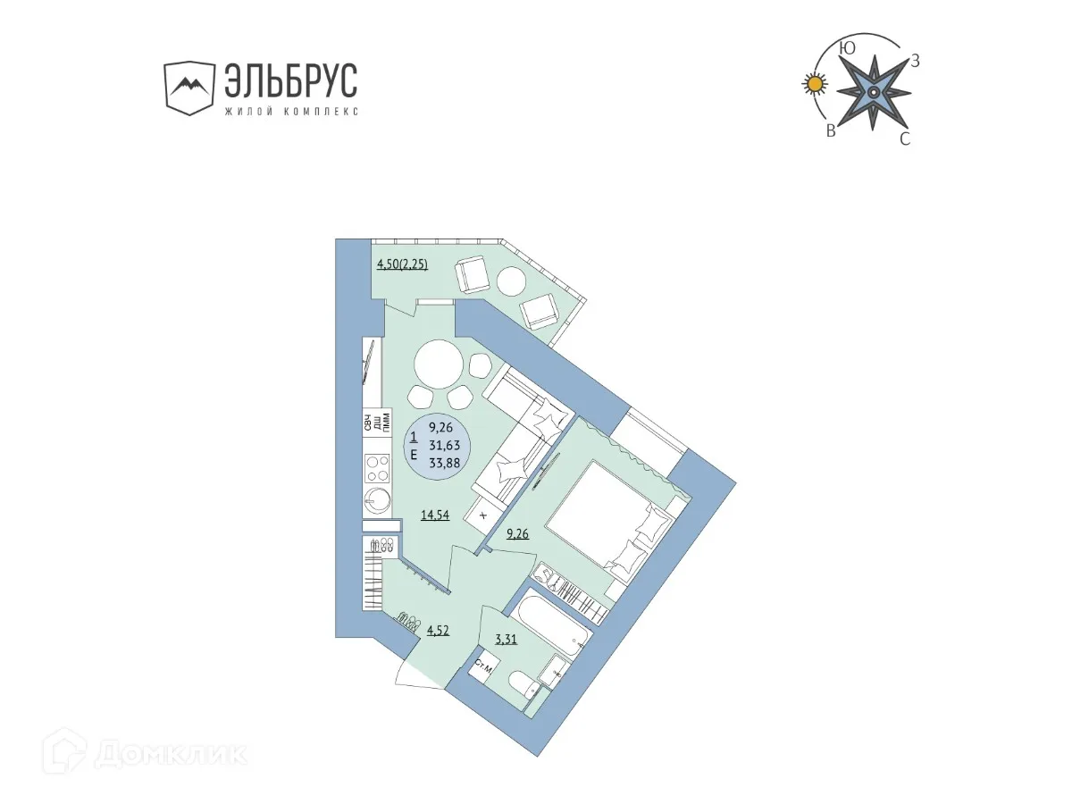 Планировка 1-комнатной квартиры 33.88 м² в ЖК Эльбрус, г. Уфа — фото 1