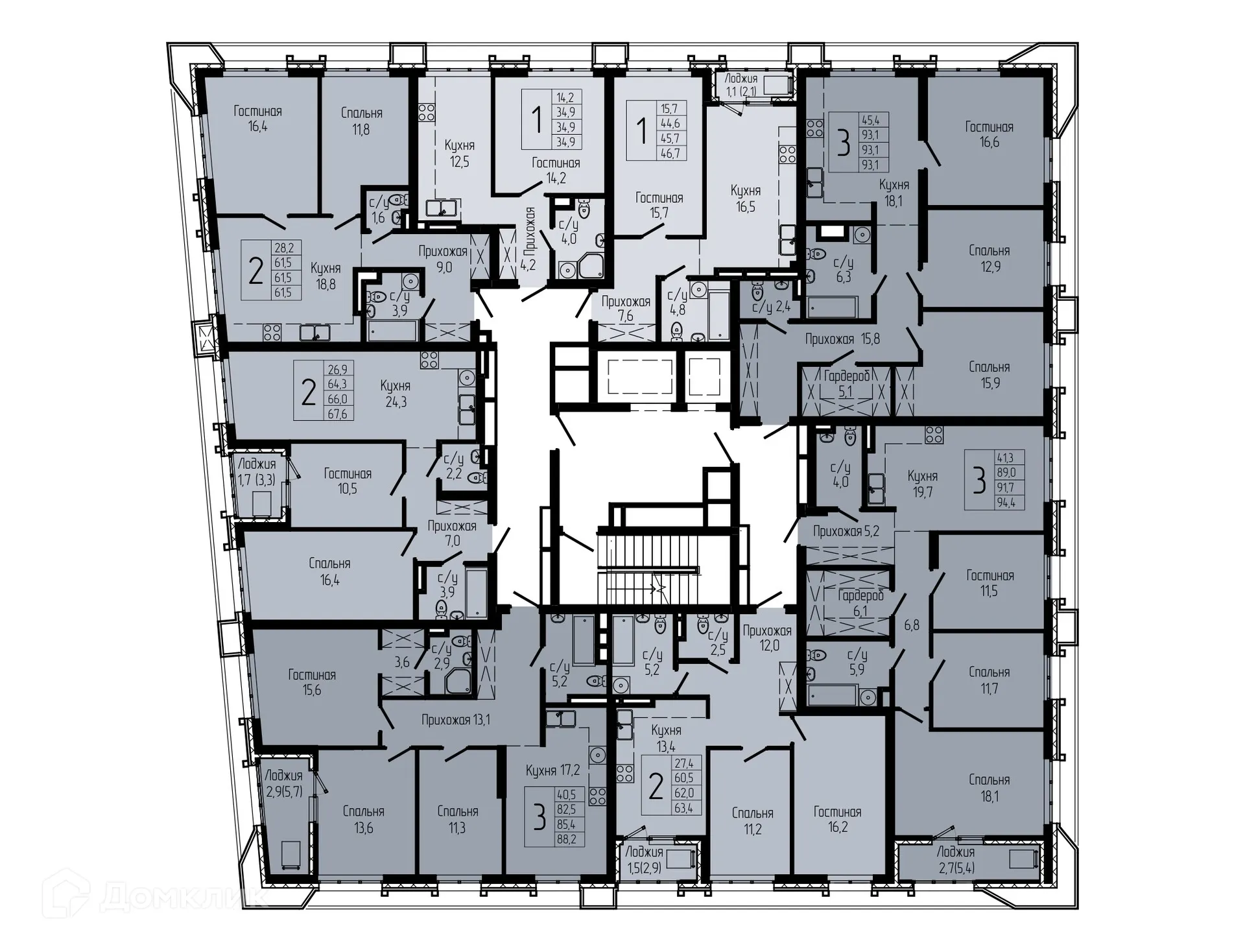 Планировка 3-комнатной квартиры 93.1 м² в ЖК АУРУМ, г. Уфа — фото 2