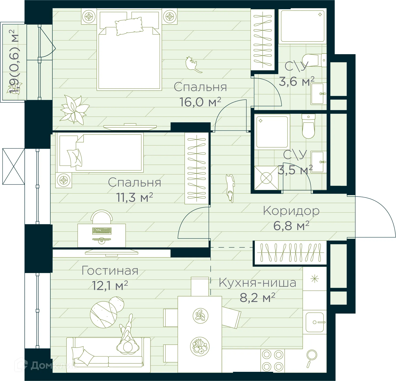 Планировка 3-комнатной квартиры 62.1 м² в ЖК URMAN Сity (Урман Сити), г. Уфа — фото 1