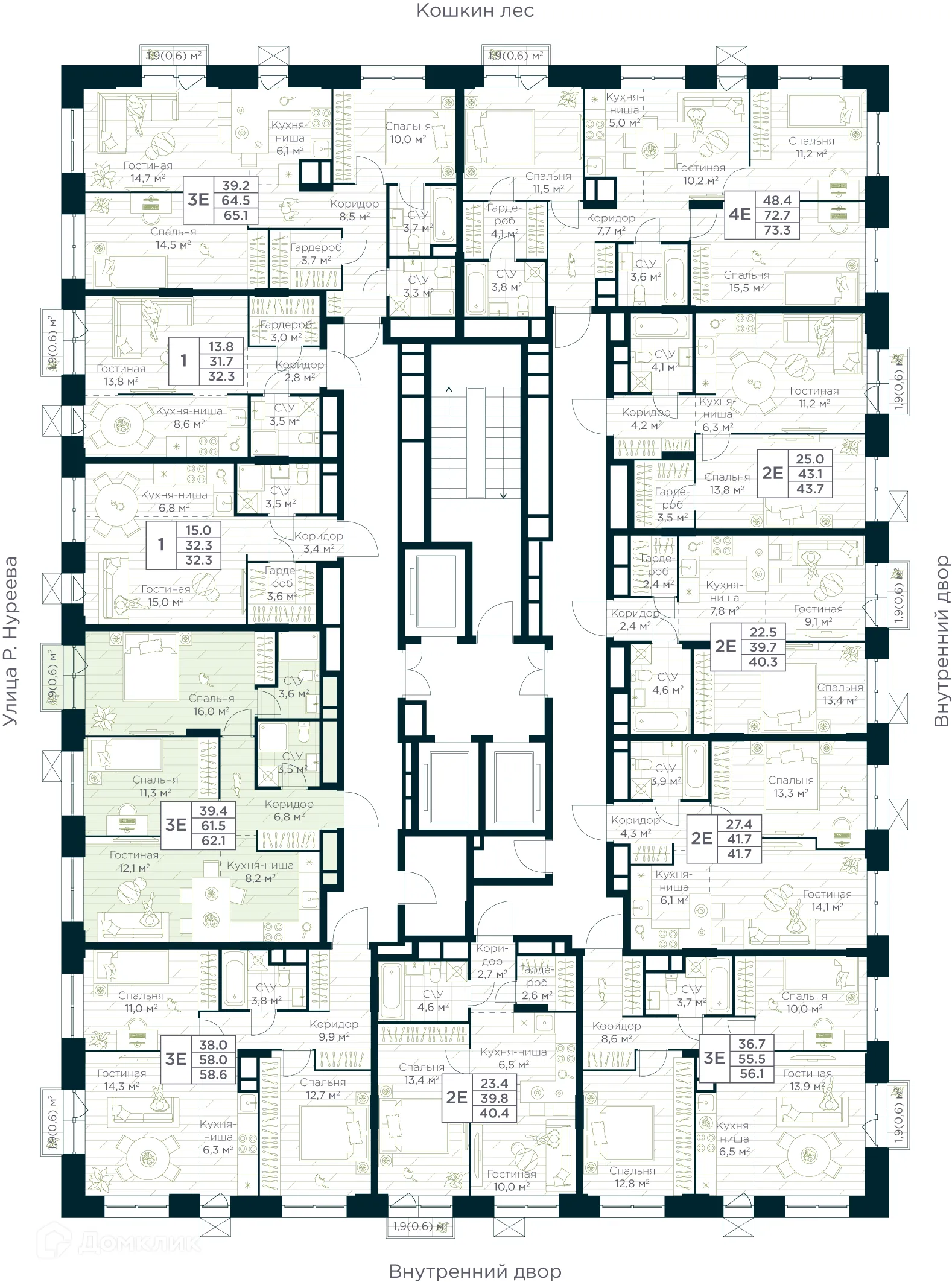 Планировка 3-комнатной квартиры 62.1 м² в ЖК URMAN Сity (Урман Сити), г. Уфа — фото 2
