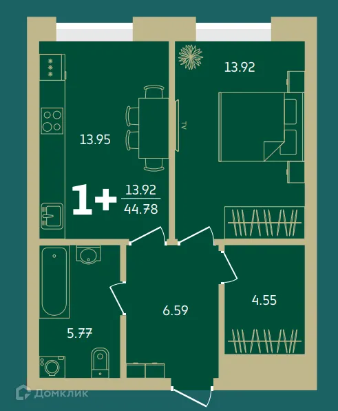 Планировка 1-комнатной квартиры 44.78 м² в Централ парк, г. Уфа — фото 1
