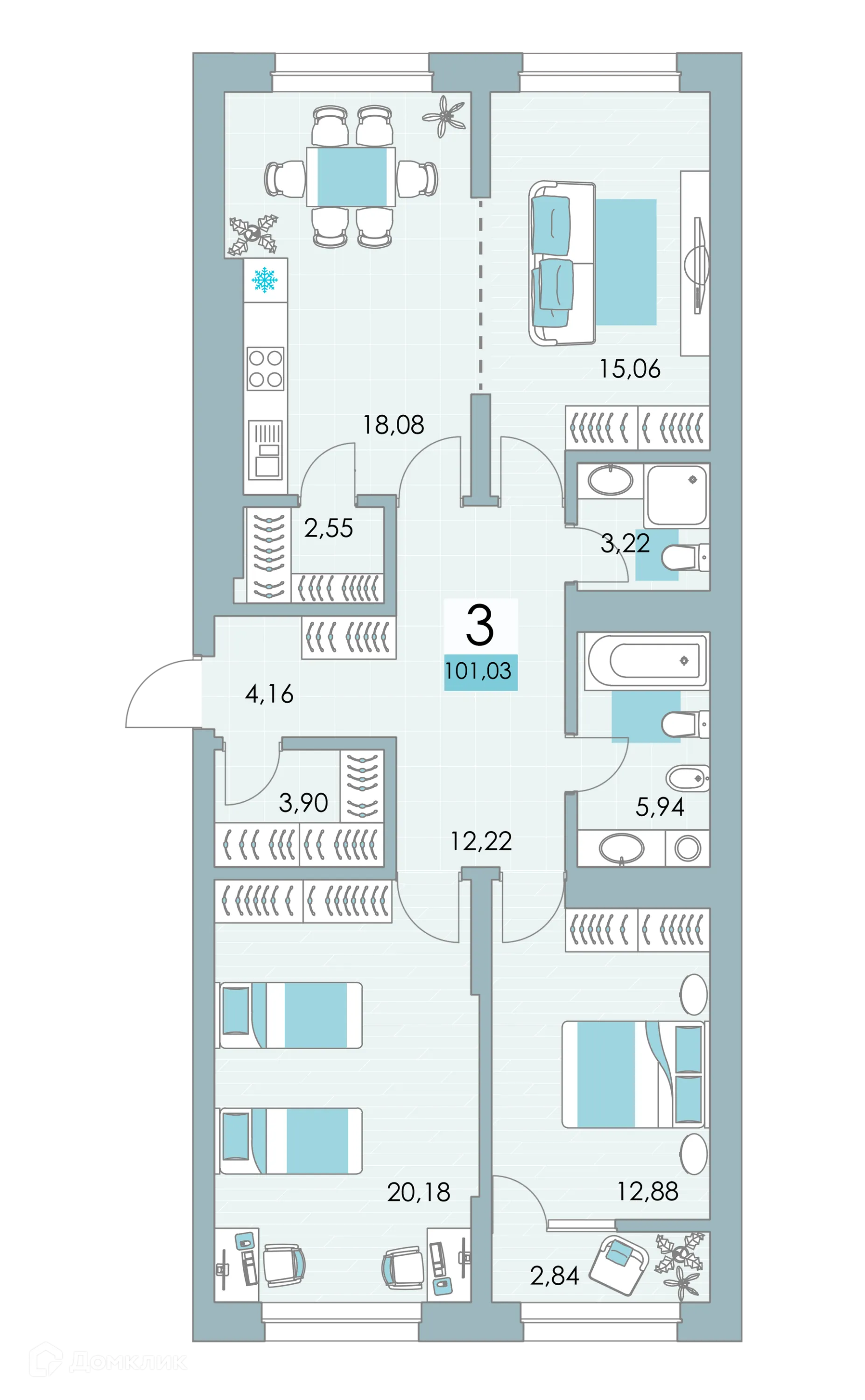 Планировка 3-комнатной квартиры 99.9 м² в ЖК Квартал Самоцветы, г. Уфа — фото 1