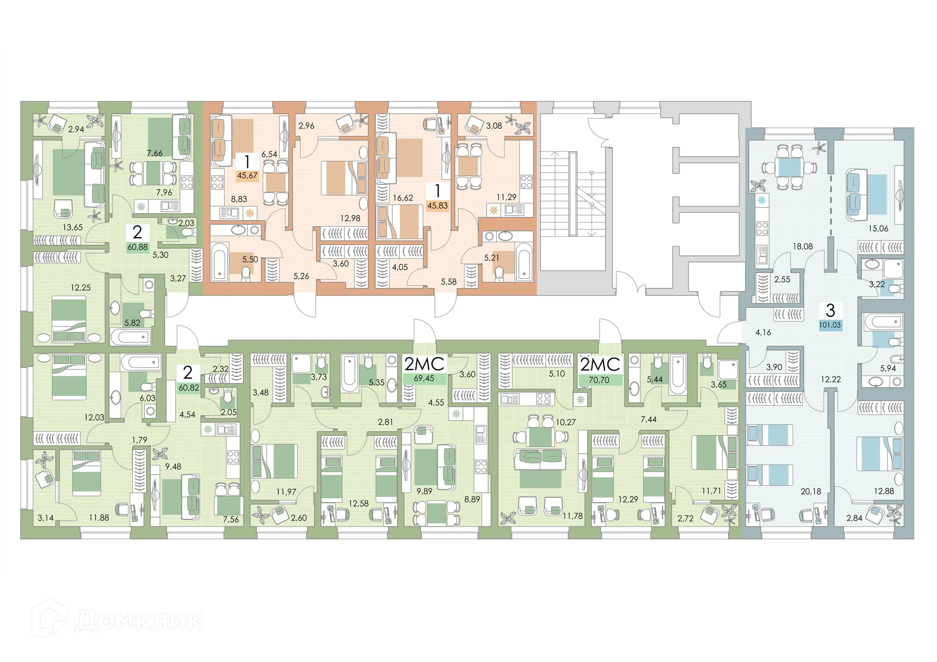 Планировка 3-комнатной квартиры 99.9 м² в ЖК Квартал Самоцветы, г. Уфа — фото 2