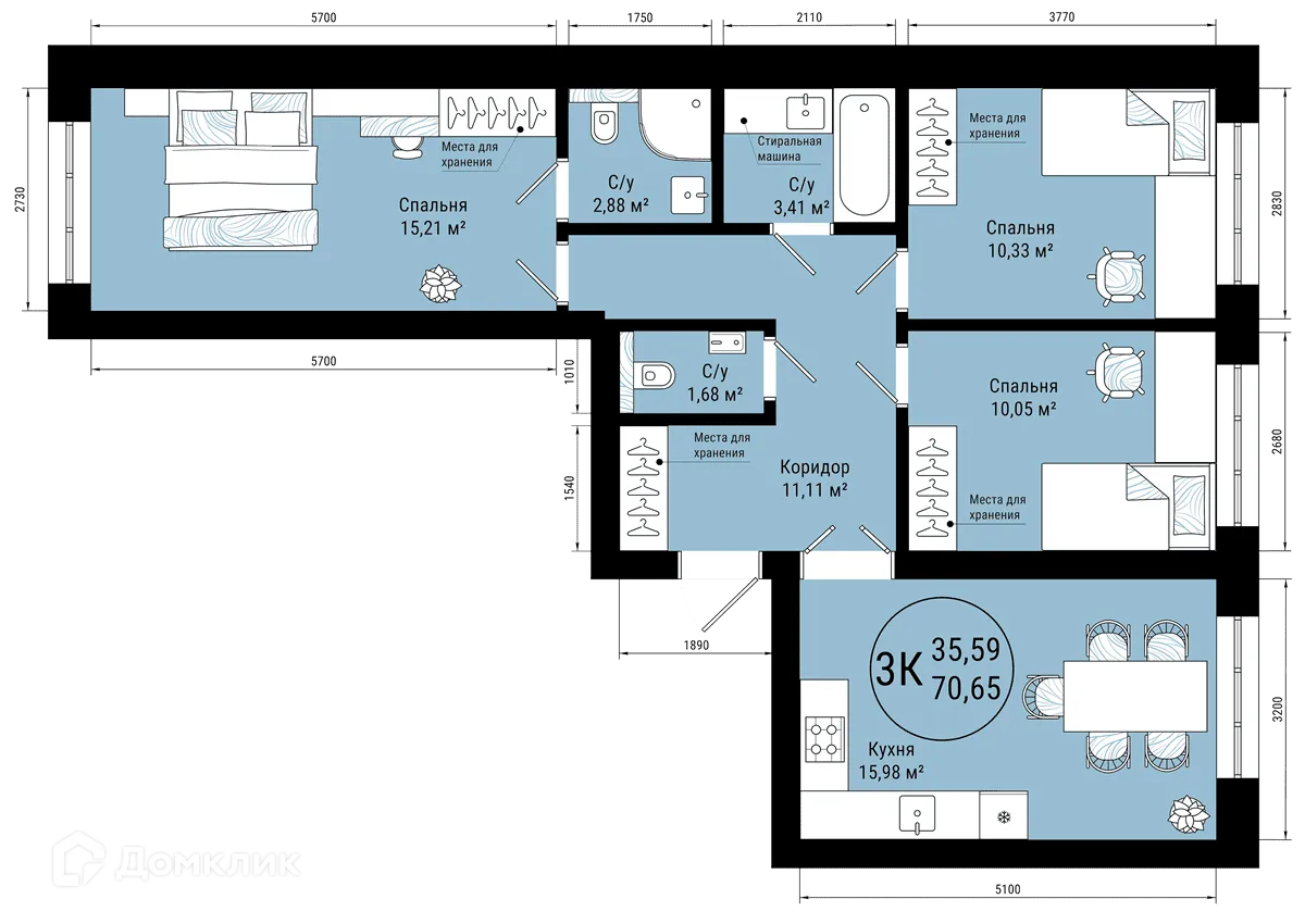 Планировка 3-комнатной квартиры 70.65 м² в ЖК VETER (Ветер), г. Уфа — фото 1