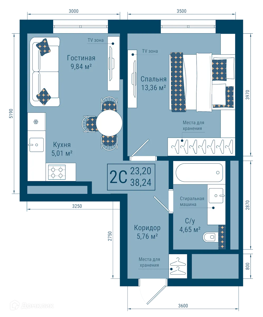 Планировка 2-комнатной квартиры 38.24 м² в ЖК THE SKY (СКАЙ), г. Уфа — фото 1