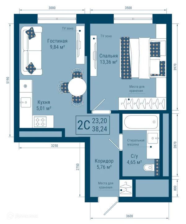 Планировка 2 комн. в ЖК THE SKY (СКАЙ)