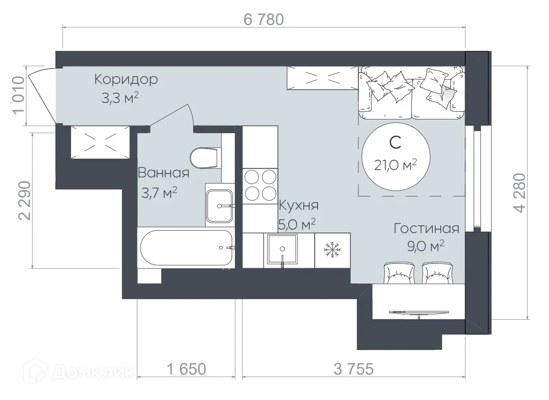 Планировка студии квартиры 21 м² в ЖК "Le CRISTAL" (Ле Кристал), г. Уфа — фото 1