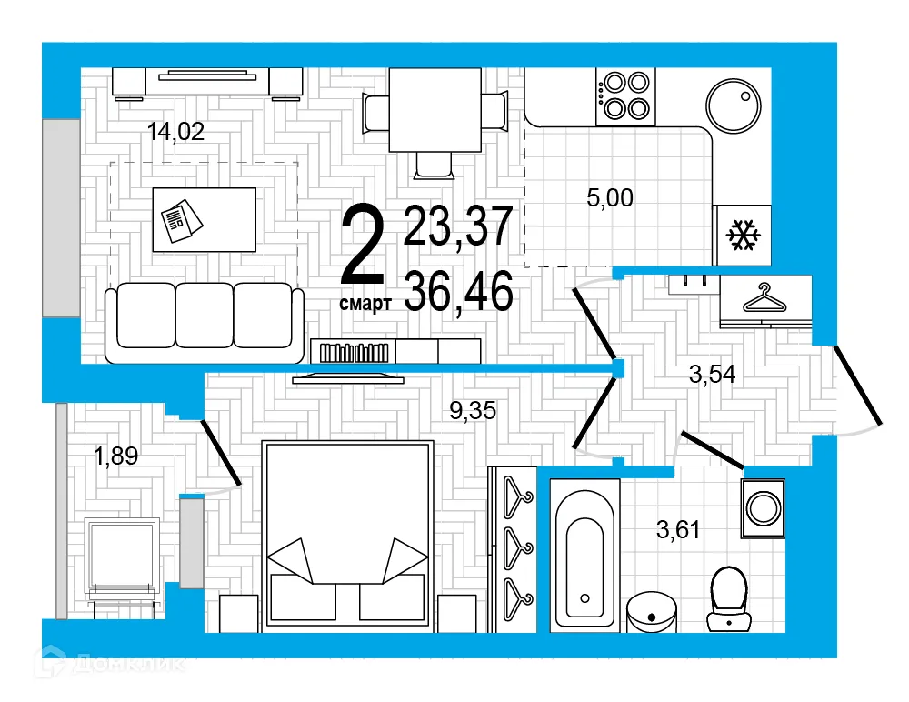 Планировка 2-комнатной квартиры 36.46 м² в ЖК Экогород "Яркий", г. Уфа — фото 1