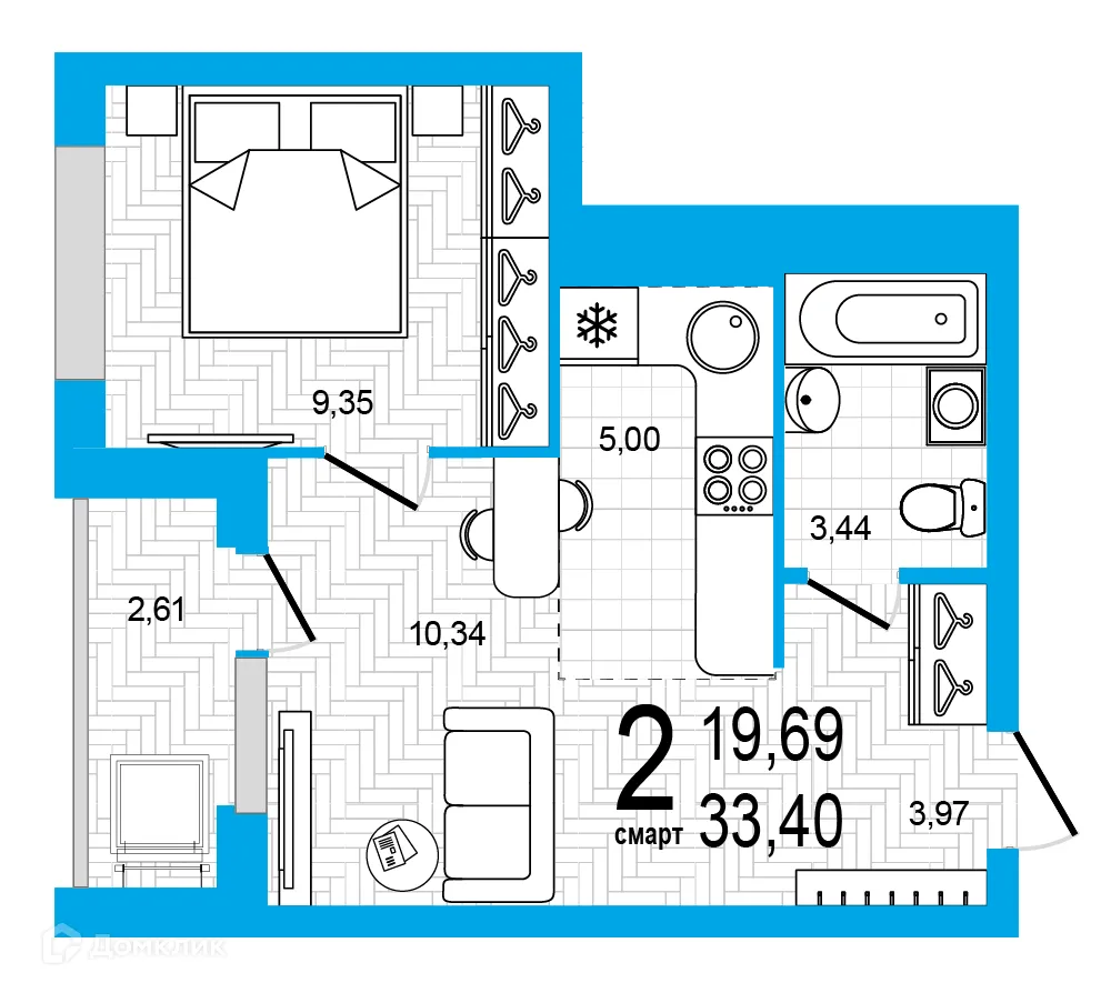 Планировка 2-комнатной квартиры 33.4 м² в ЖК Экогород "Яркий", г. Уфа — фото 1