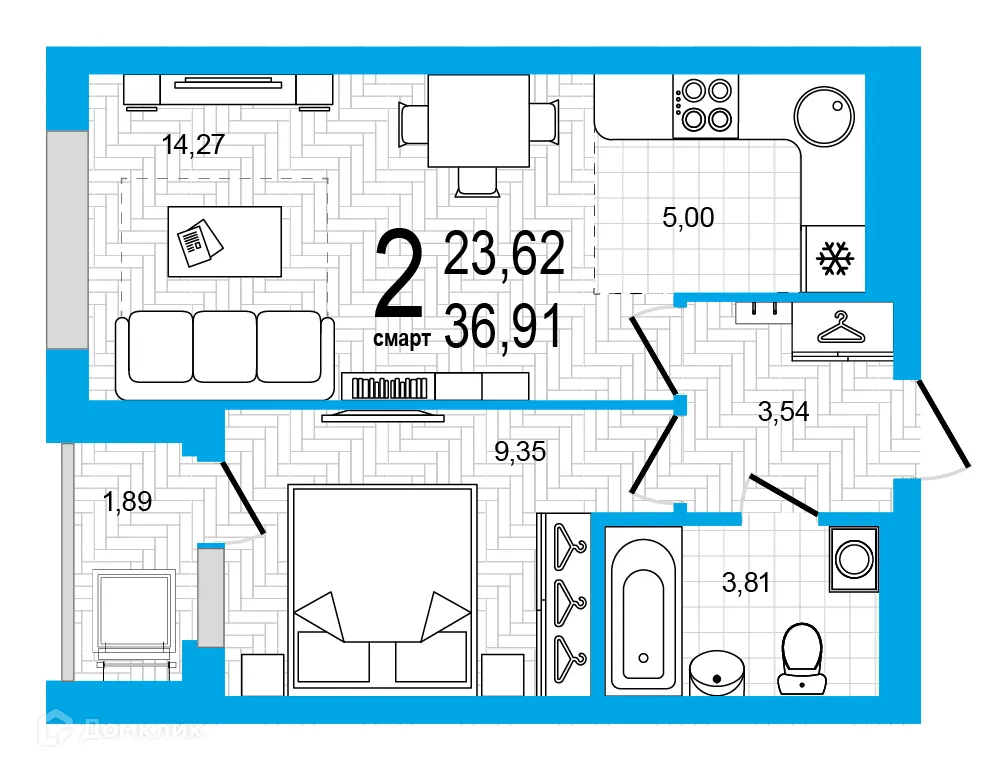 Планировка 2-комнатной квартиры 36.91 м² в ЖК Экогород "Яркий", г. Уфа — фото 1