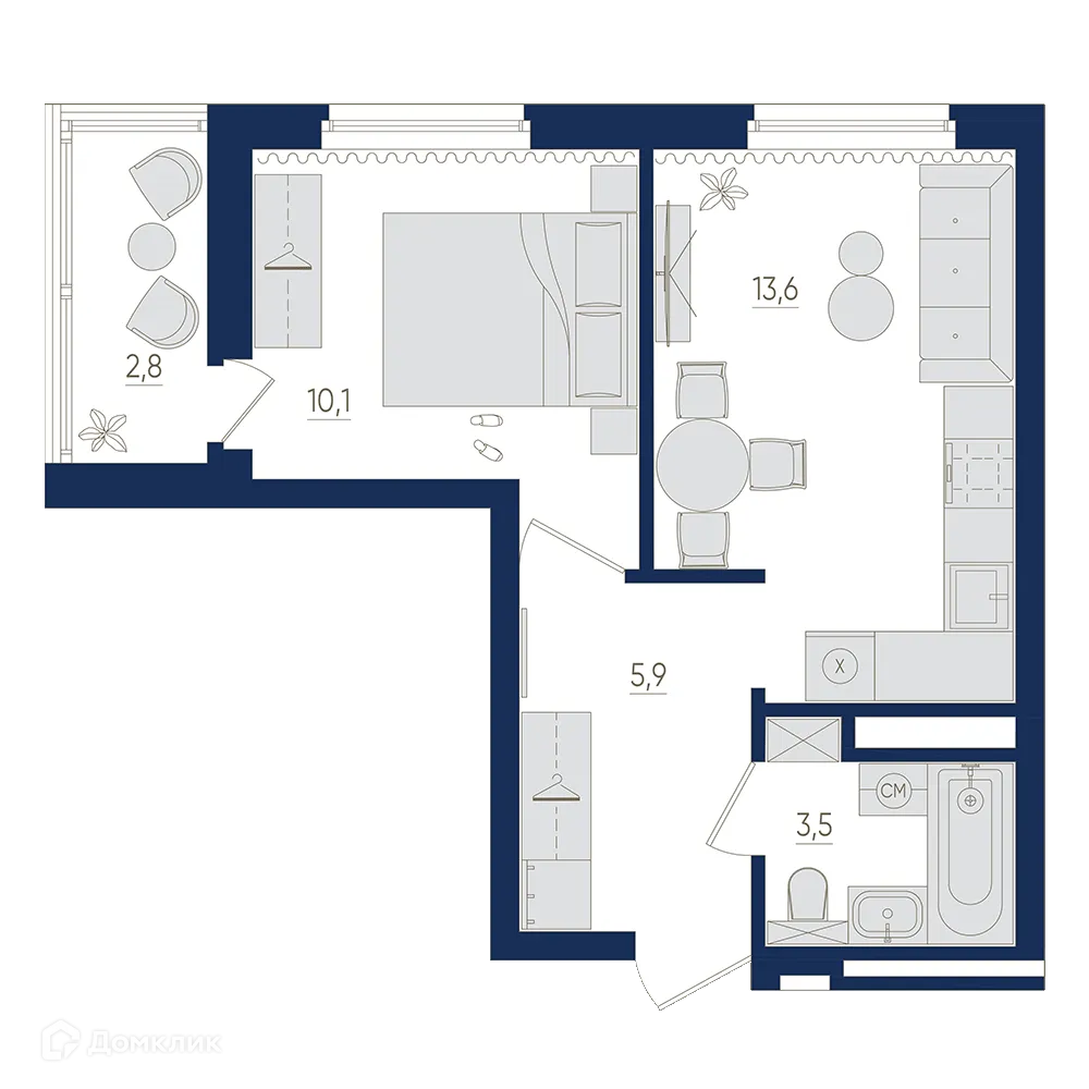Планировка 1-комнатной квартиры 34.5 м² в ЖК Экогород "Яркий", г. Уфа — фото 1