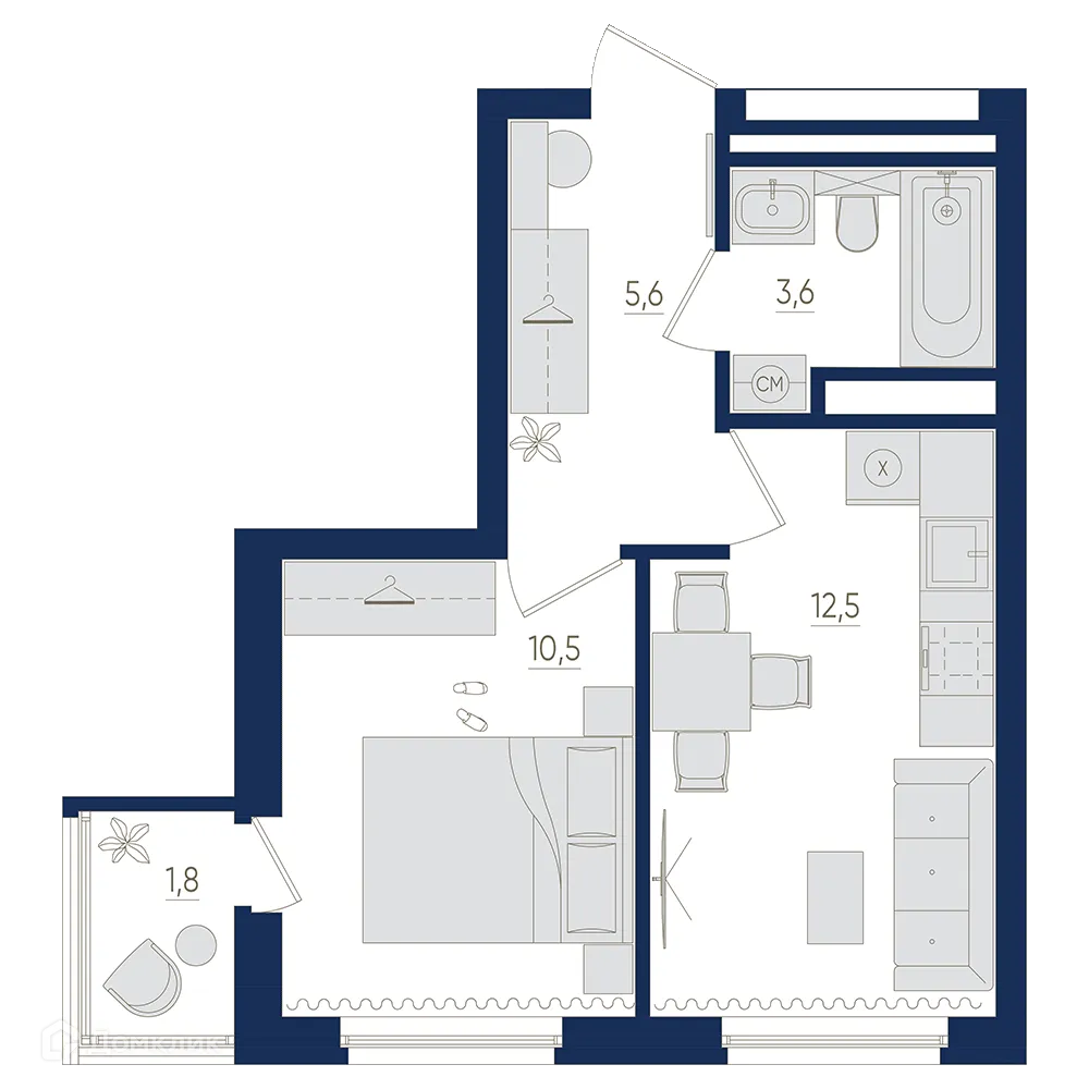 Планировка 1-комнатной квартиры 33.1 м² в ЖК Экогород "Яркий", г. Уфа — фото 1