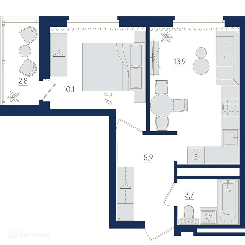 Планировка 1-комнатной квартиры 34.3 м² в ЖК Экогород "Яркий", г. Уфа — фото 1