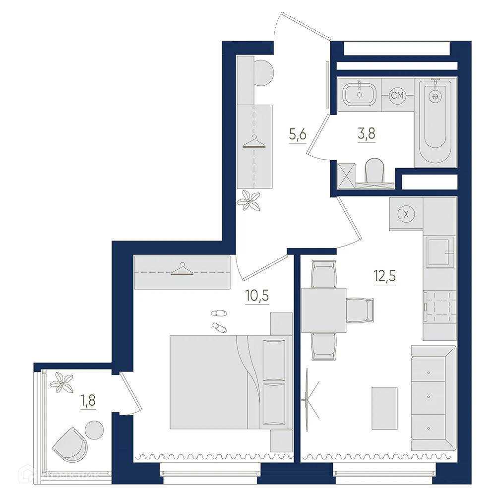 Планировка 1-комнатной квартиры 33.3 м² в ЖК Экогород "Яркий", г. Уфа — фото 1