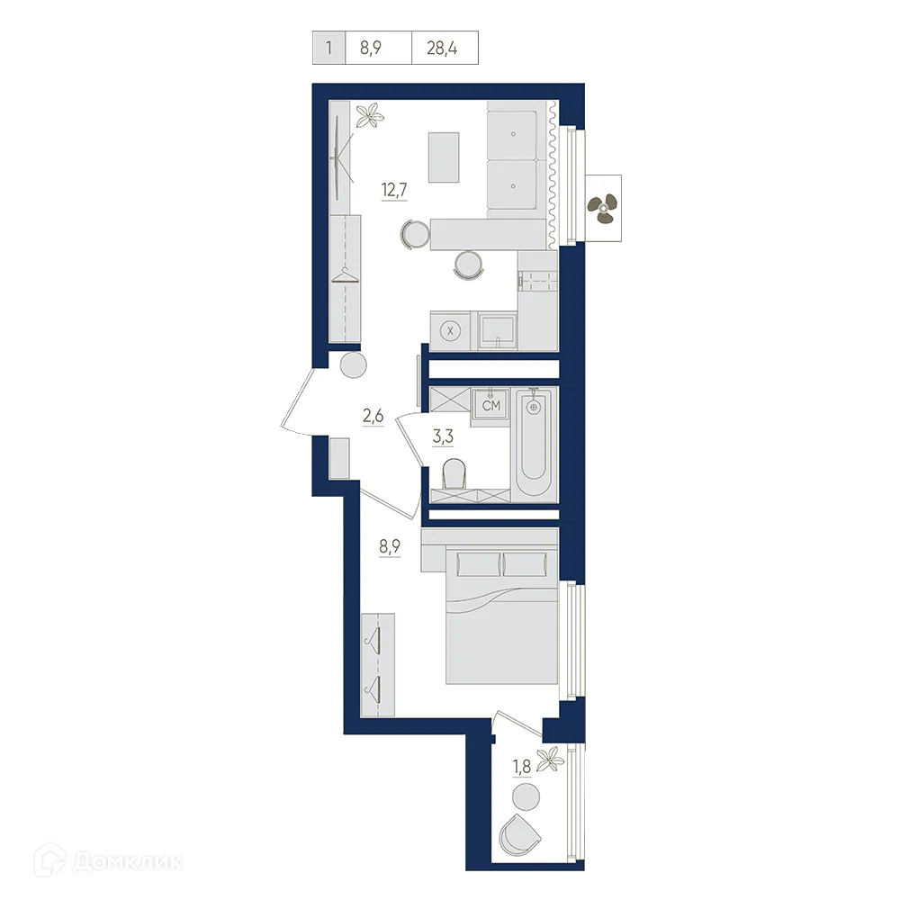 Планировка 1-комнатной квартиры 28.4 м² в ЖК Экогород "Яркий", г. Уфа — фото 1