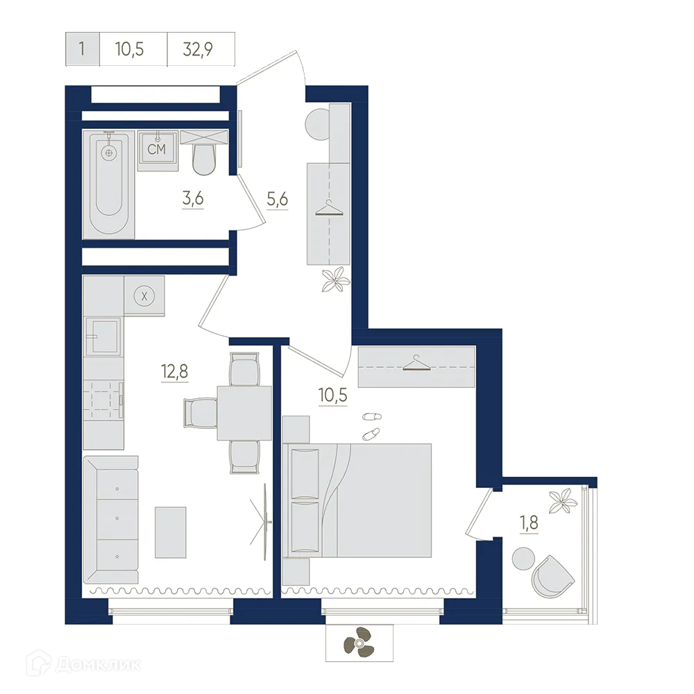 Планировка 1-комнатной квартиры 32.9 м² в ЖК Экогород "Яркий", г. Уфа — фото 1