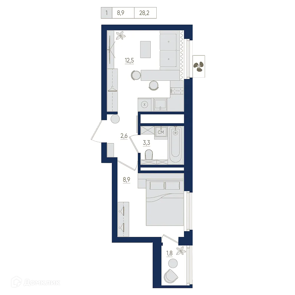 Планировка 1-комнатной квартиры 28.2 м² в ЖК Экогород "Яркий", г. Уфа — фото 1